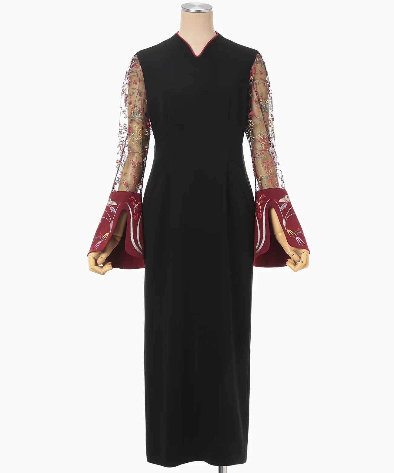 Acetate Polyester Floral Lace-Sleeve Dress - black（約12万円）