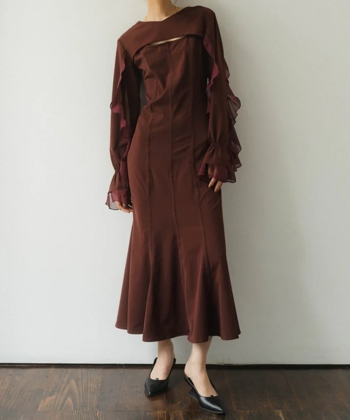お呼ばれ ドレス 20代 knuthmarf_frill sleeves one piece:bordeaux